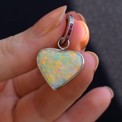 5.81ct Natural Solid Australian Opal Heart and Ruby Platinum Charm Pendant