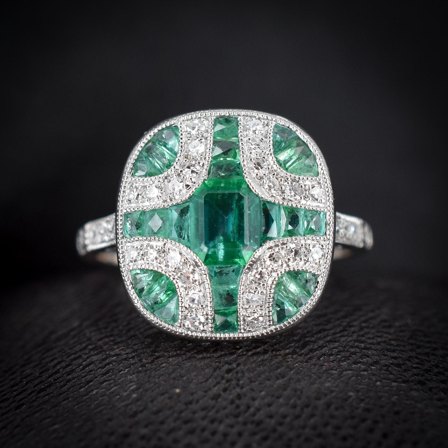 Art Deco Style Emerald and Diamond Platinum Cocktail Ring