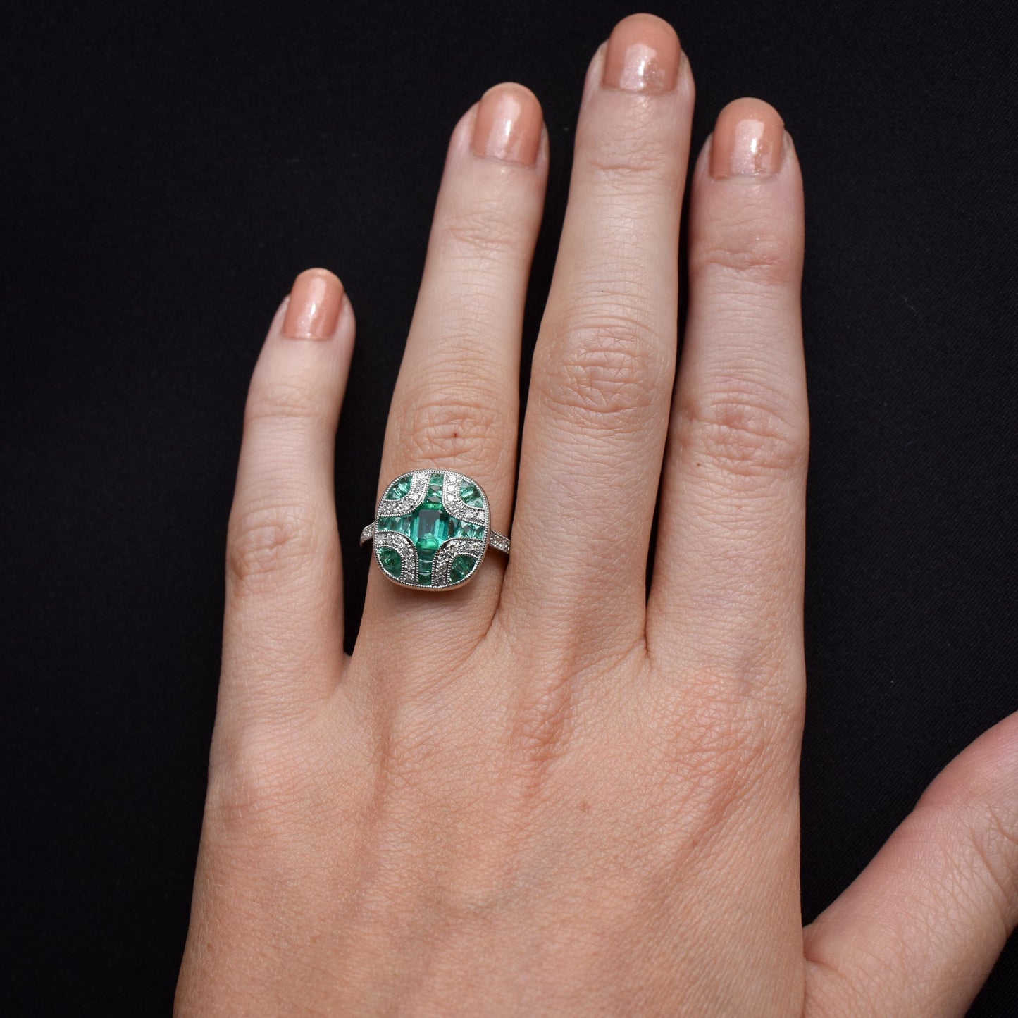 Art Deco Style Emerald and Diamond Platinum Cocktail Ring