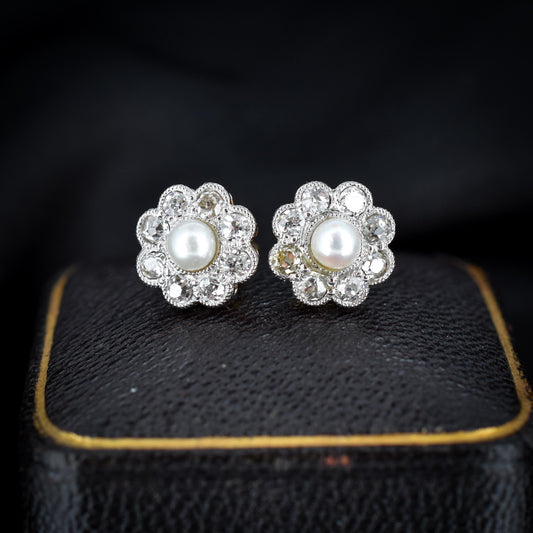 Vintage Pearl and Old Cut Diamond 18ct Gold Daisy Cluster Stud Earrings