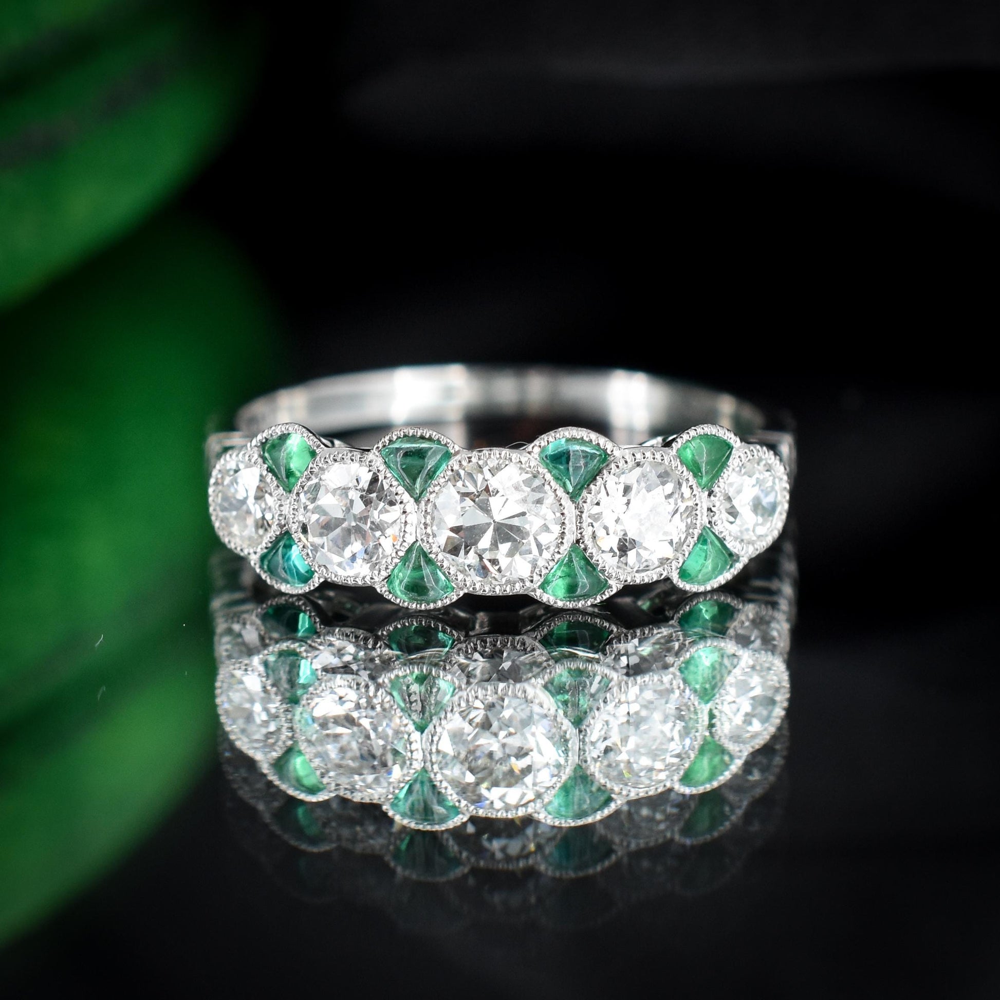 Old Cut Diamond and Emerald Five Stone Platinum Ring - 0.83ct total