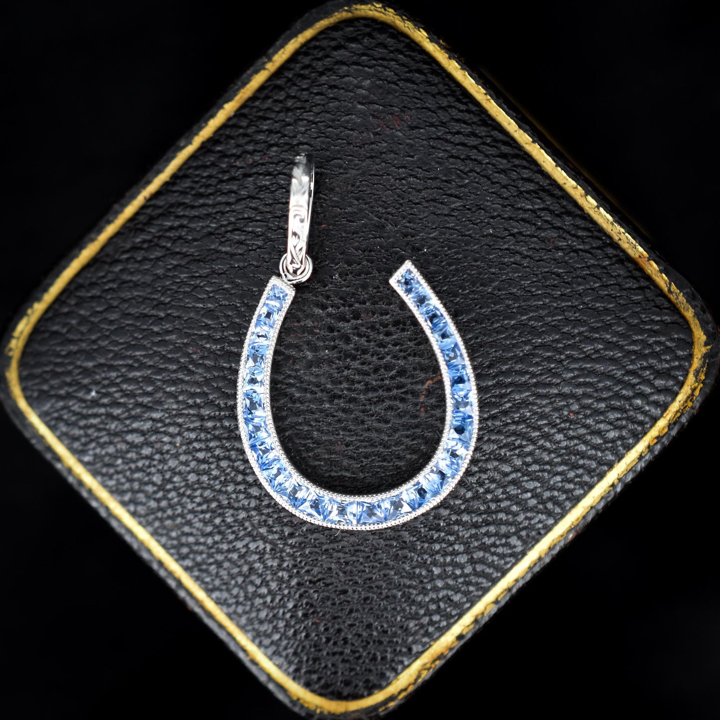 French Cut Ceylon Sapphire Horseshoe Platinum Charm Pendant - 0.70ct