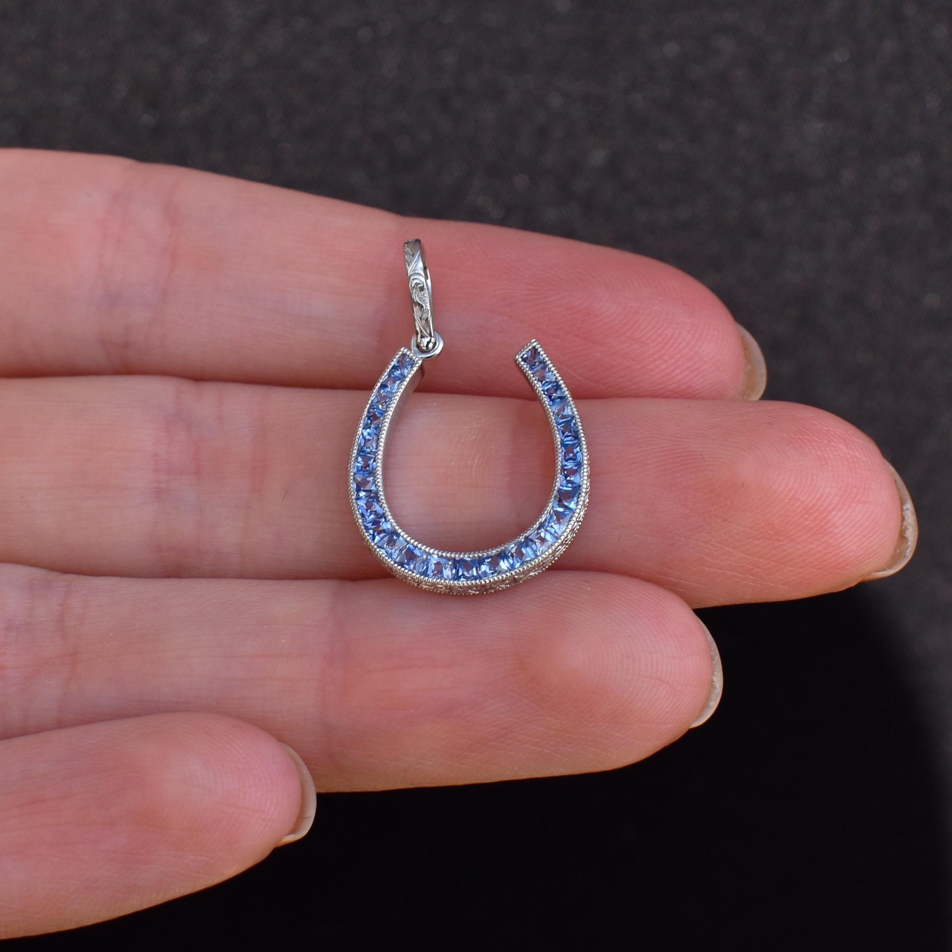 French Cut Ceylon Sapphire Horseshoe Platinum Charm Pendant - 0.70ct