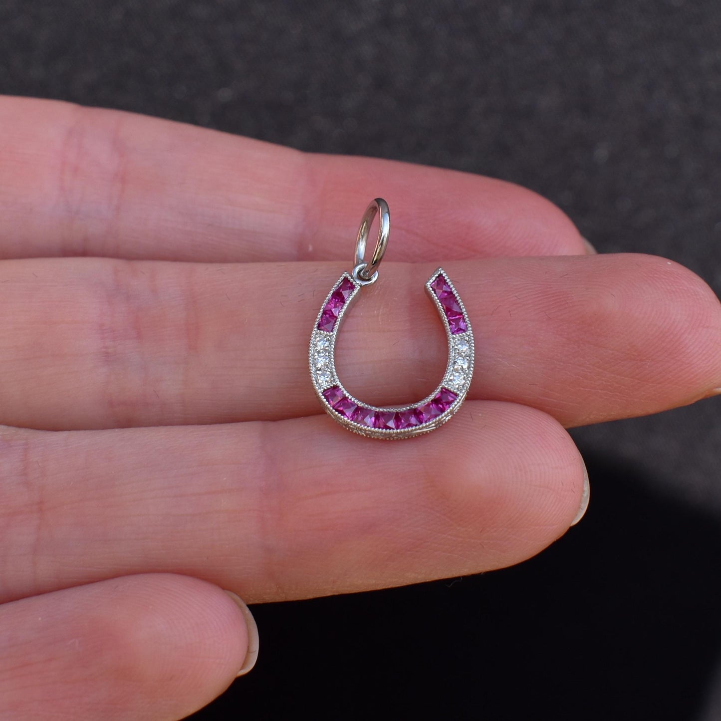 French Cut Ruby and Diamond Horseshoe Platinum Charm Pendant