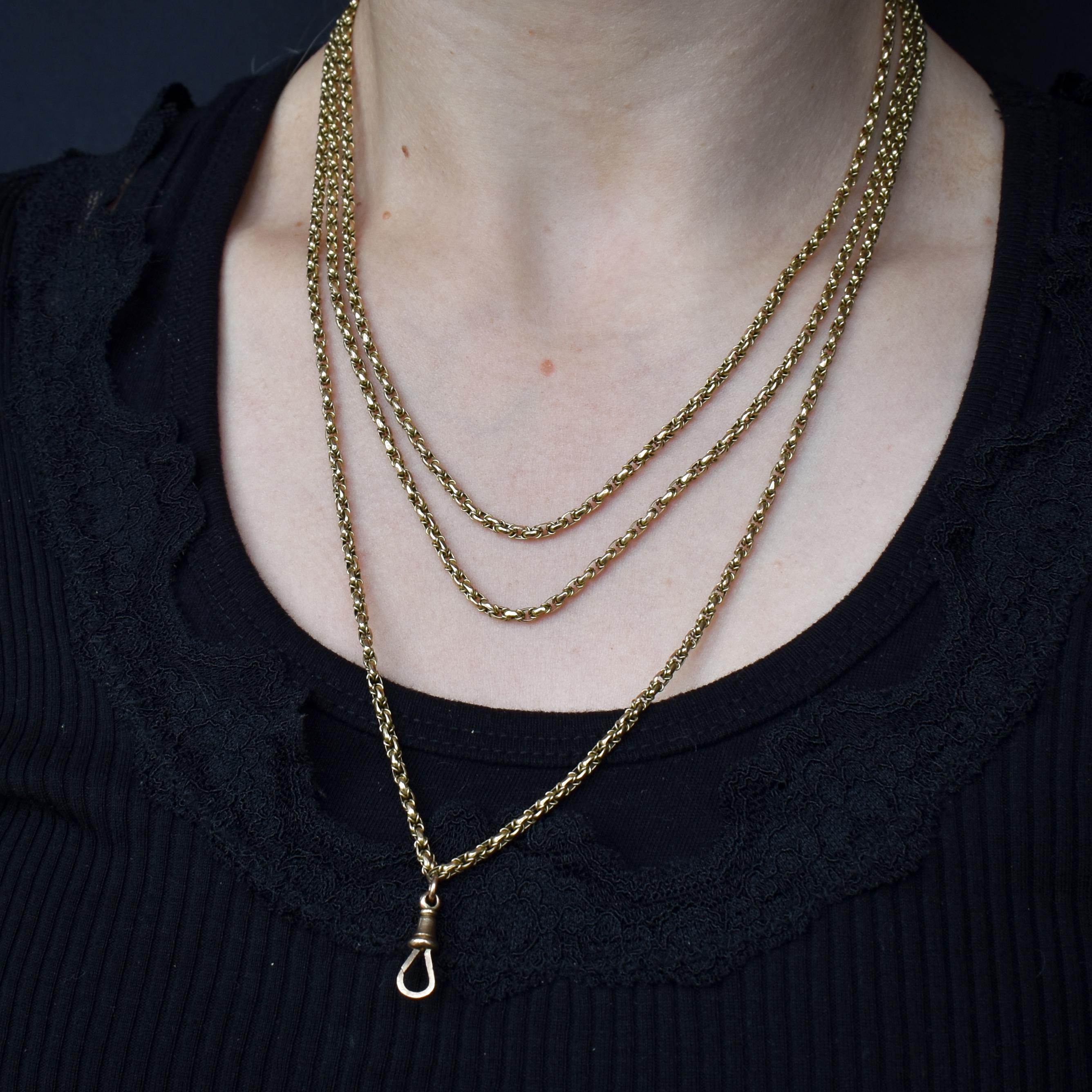 Antique Victorian 9ct Gold Faceted Long Guard Muff Chain Necklace with Dog Clip 58