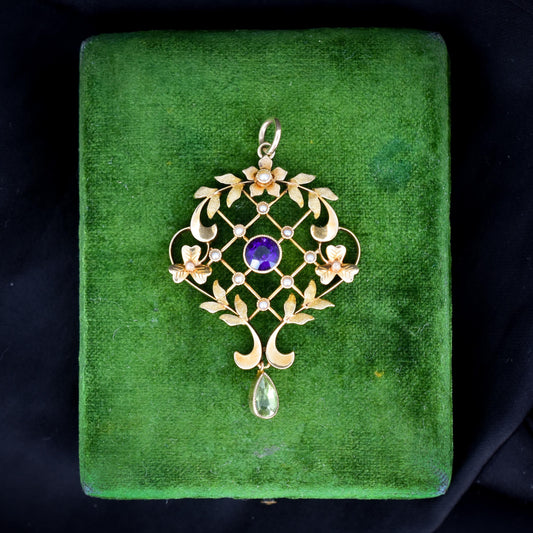 Antique Suffragette Peridot Pearl and Amethyst 15ct Gold Pendant