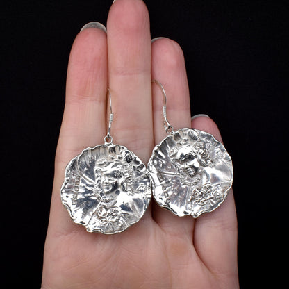 Antique Art Nouveau Portrait Sterling Silver Drop Earrings - Dated 1900