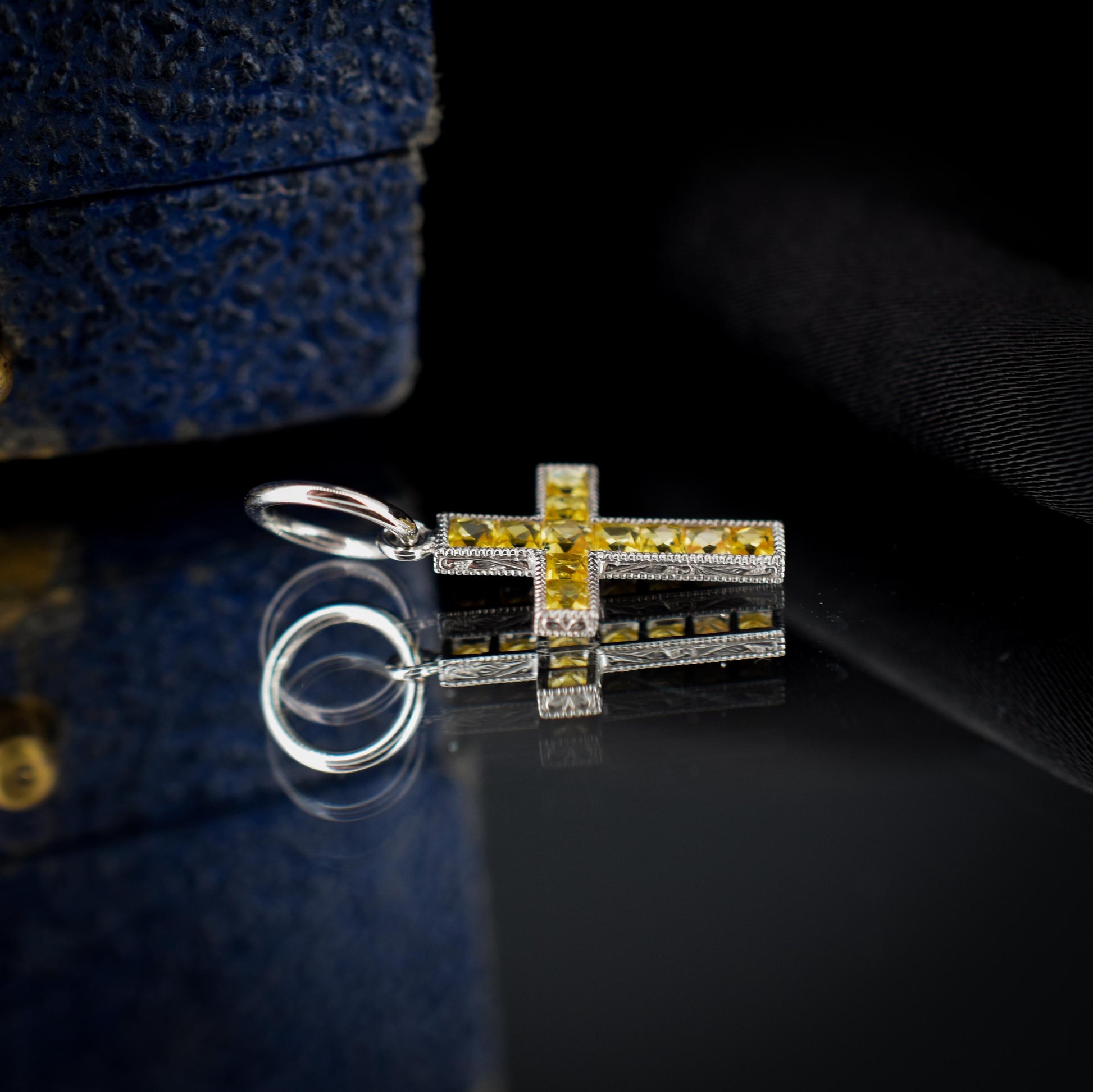 French Cut Yellow Sapphire Cross Platinum Charm Pendant - 0.50ct