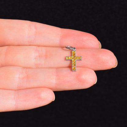 French Cut Yellow Sapphire Cross Platinum Charm Pendant - 0.50ct