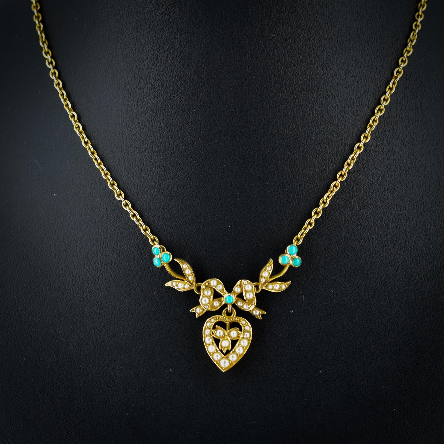 Boxed Antique Pearl and Turquoise 15ct Gold Heart Bow Necklace