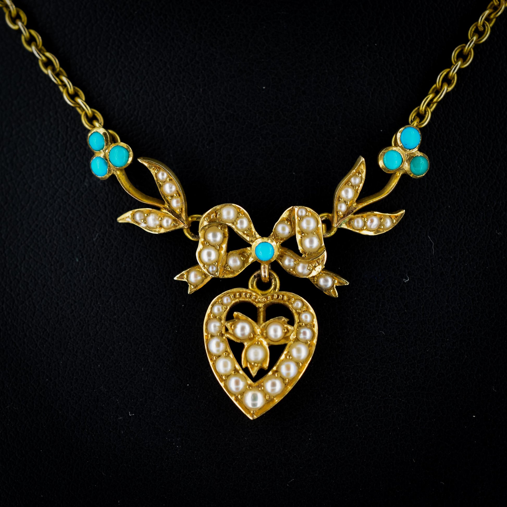 Boxed Antique Pearl and Turquoise 15ct Gold Heart Bow Necklace