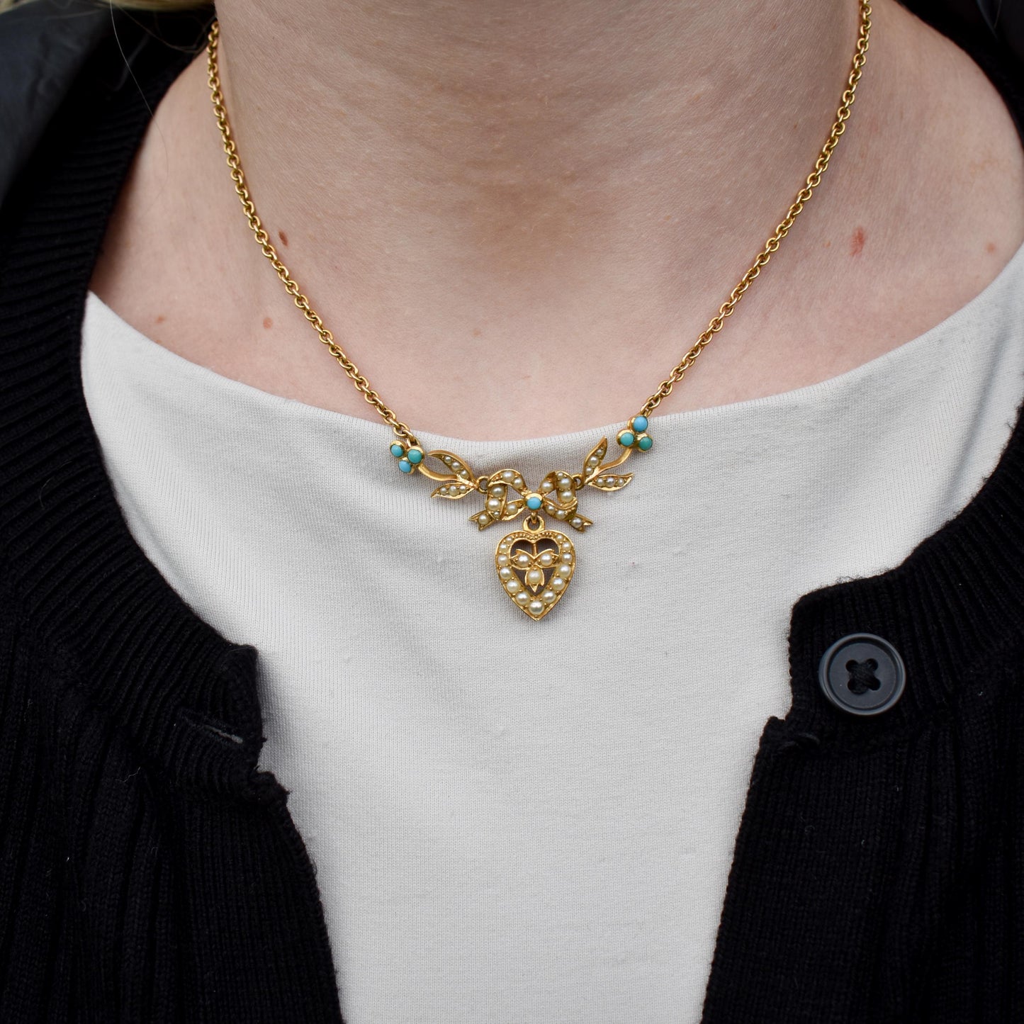 Boxed Antique Pearl and Turquoise 15ct Gold Heart Bow Necklace