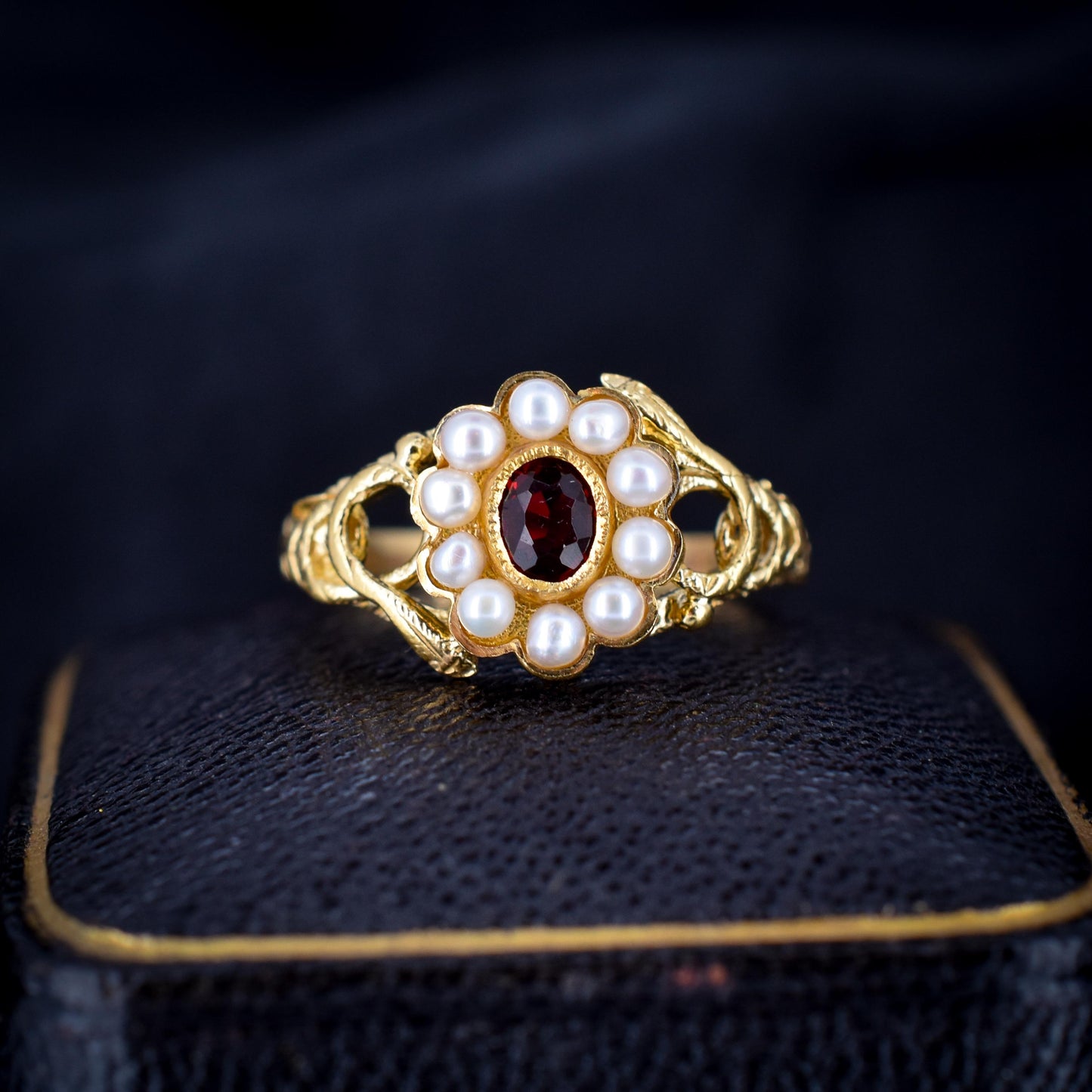 Garnet and Pearl Cluster Halo Snake Serpent Yellow Gold Gilded Ring | Antique Style