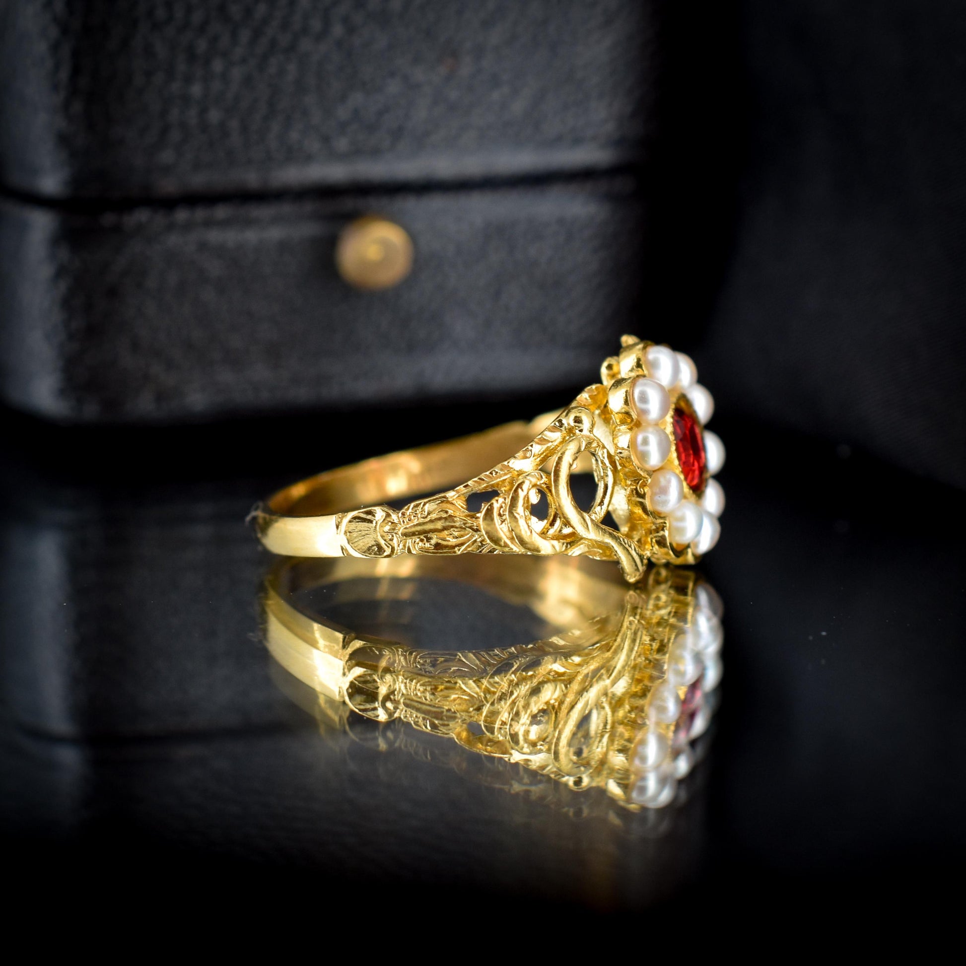 Garnet and Pearl Cluster Halo Snake Serpent Yellow Gold Gilded Ring | Antique Style