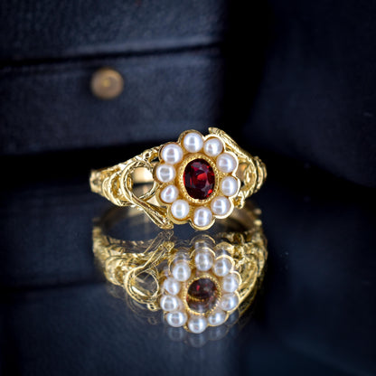 Garnet and Pearl Cluster Halo Snake Serpent Yellow Gold Gilded Ring | Antique Style