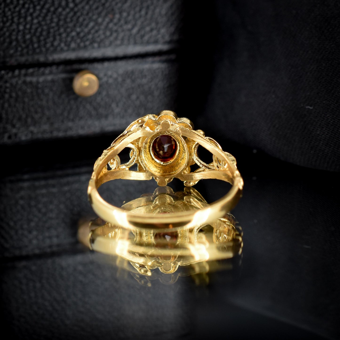 Garnet and Pearl Cluster Halo Snake Serpent Yellow Gold Gilded Ring | Antique Style