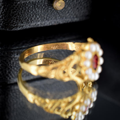 Garnet and Pearl Cluster Halo Snake Serpent Yellow Gold Gilded Ring | Antique Style