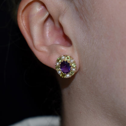 Amethyst Peridot and Pearl Cluster Yellow Gold Stud Earrings | Suffragette Style