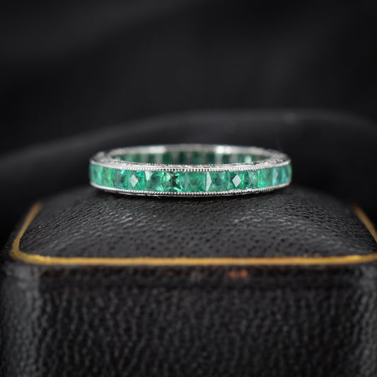 Art Deco Style 1.3ct Emerald Platinum Full Eternity Wedding Band Ring