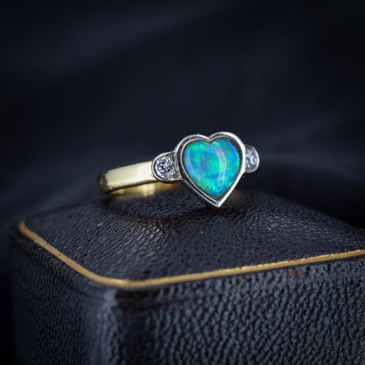 Black Opal Heart and Diamond Three Stone 18ct Yellow Gold Ring