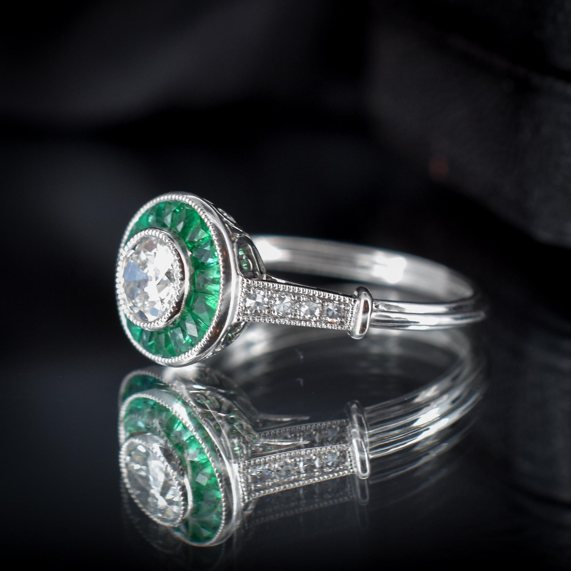 Art Deco Style Emerald and Old Cut Diamond Target Cluster Halo Platinum Ring