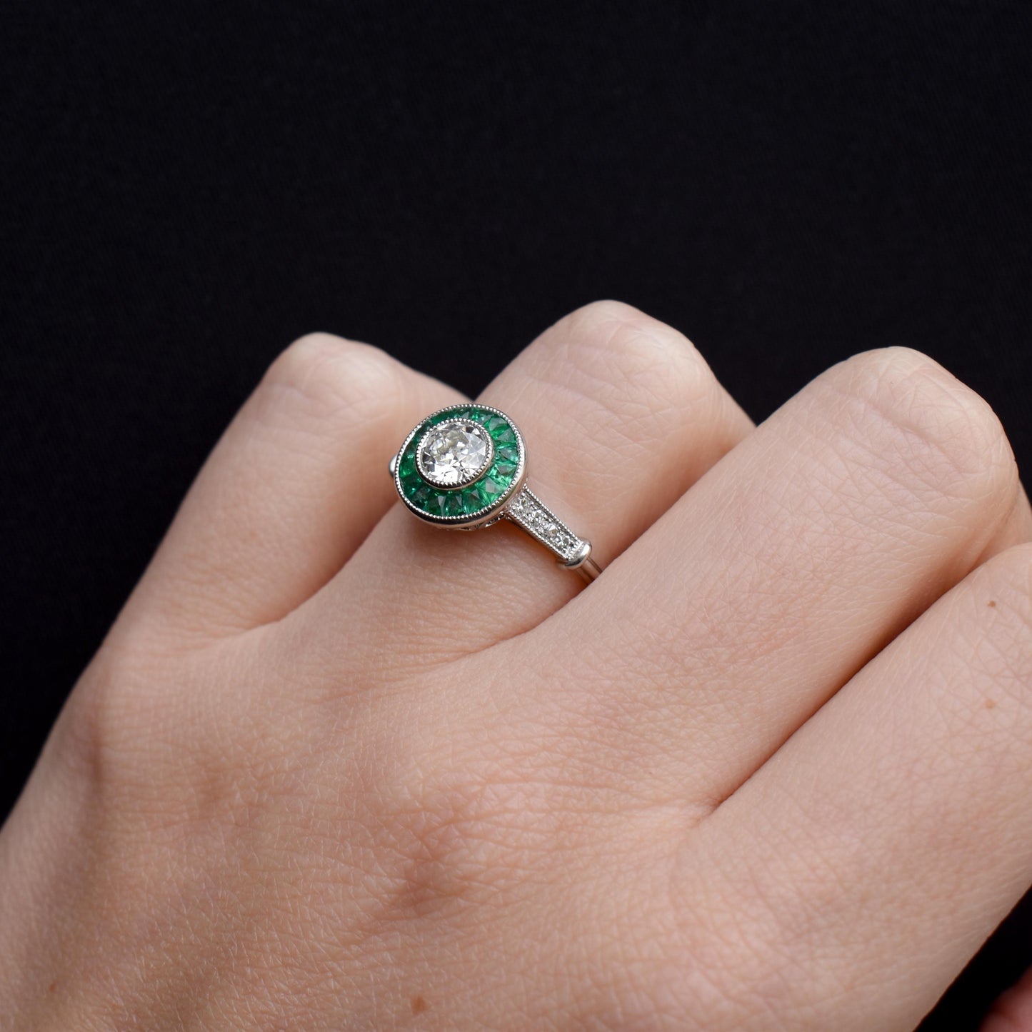 Art Deco Style Emerald and Old Cut Diamond Target Cluster Halo Platinum Ring