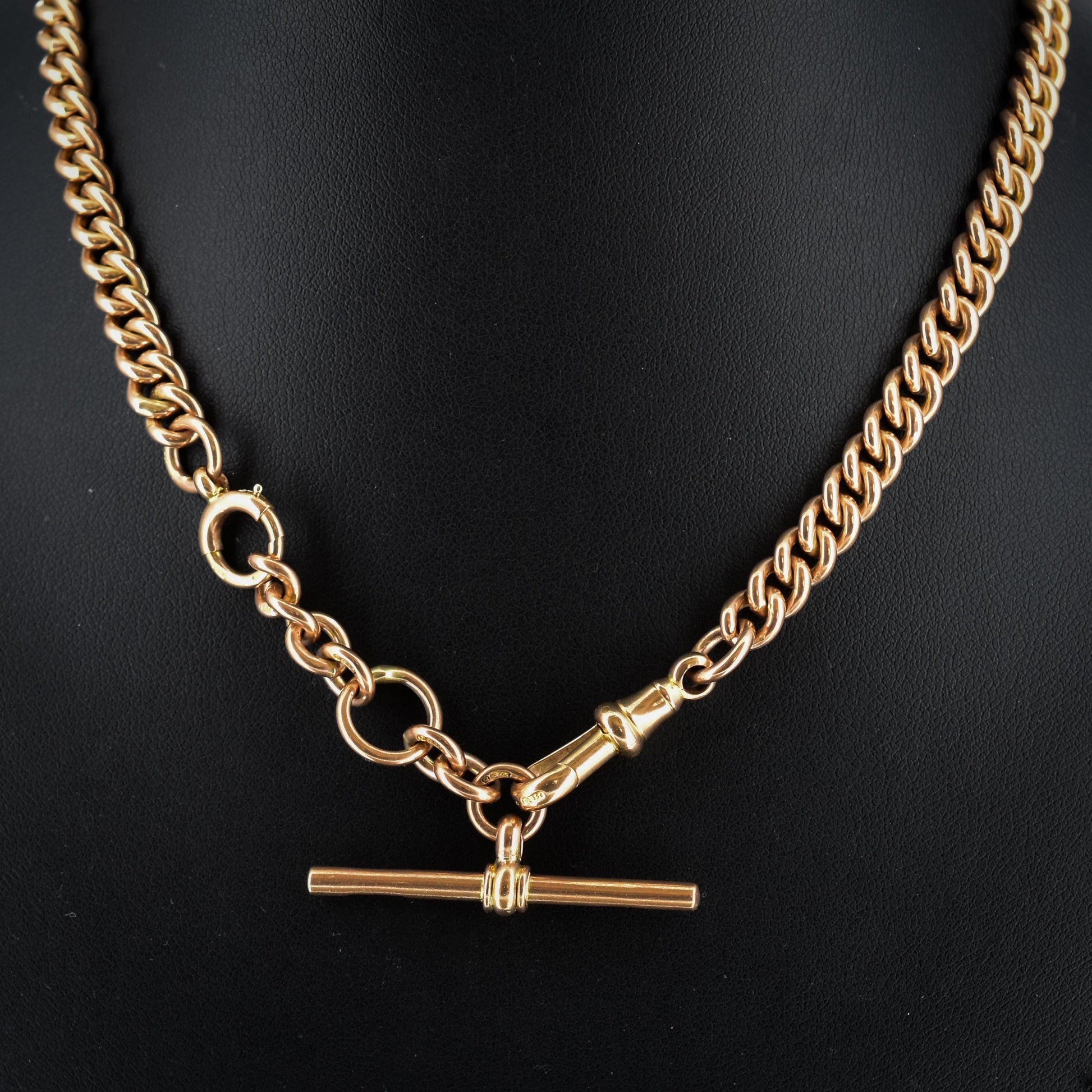 Antique 9ct Gold Curb Link Albert Watch Chain Necklace with T-Bar and Dog Clip