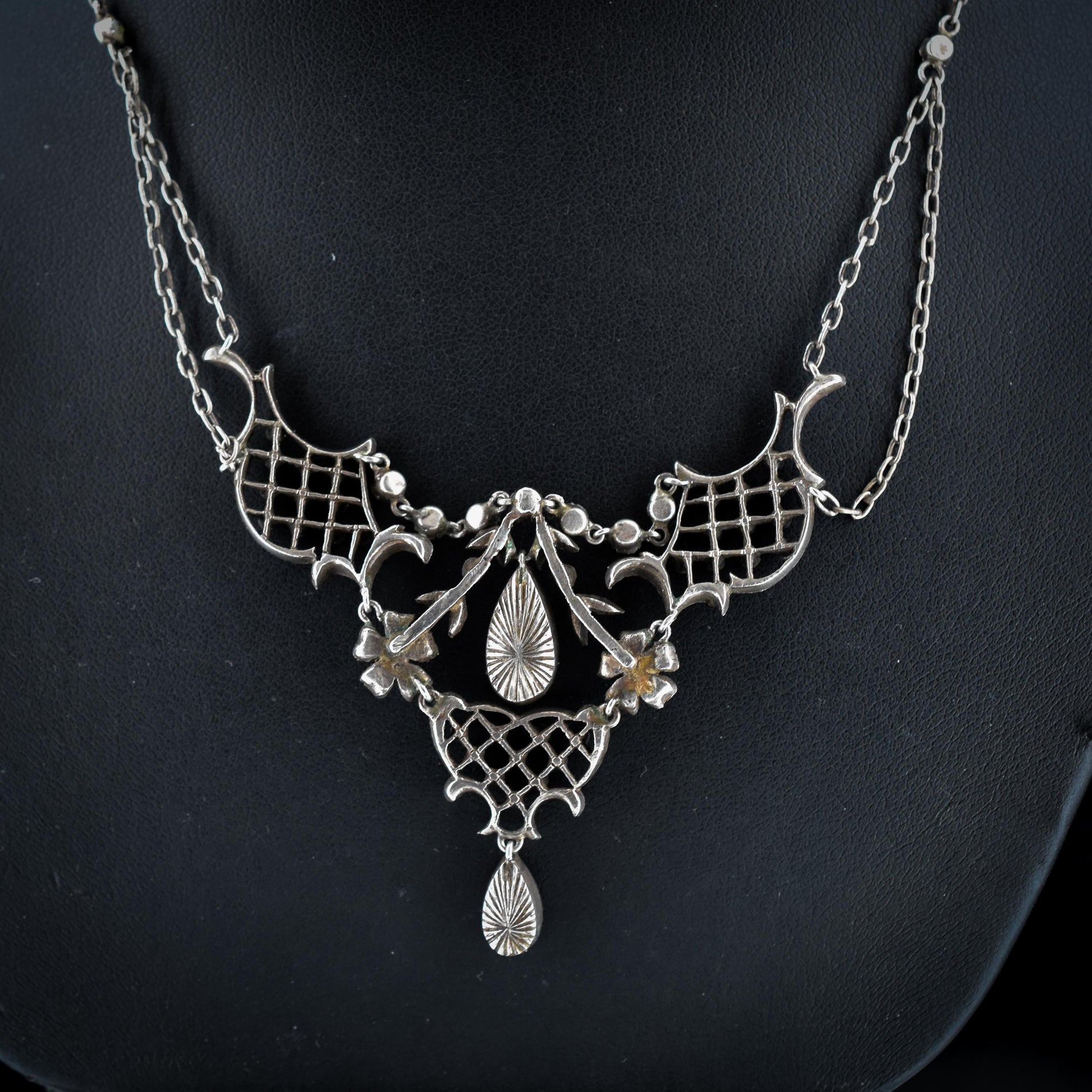 Antique Edwardian Suffragette Paste Floral Lavaliere Silver Chain Necklace