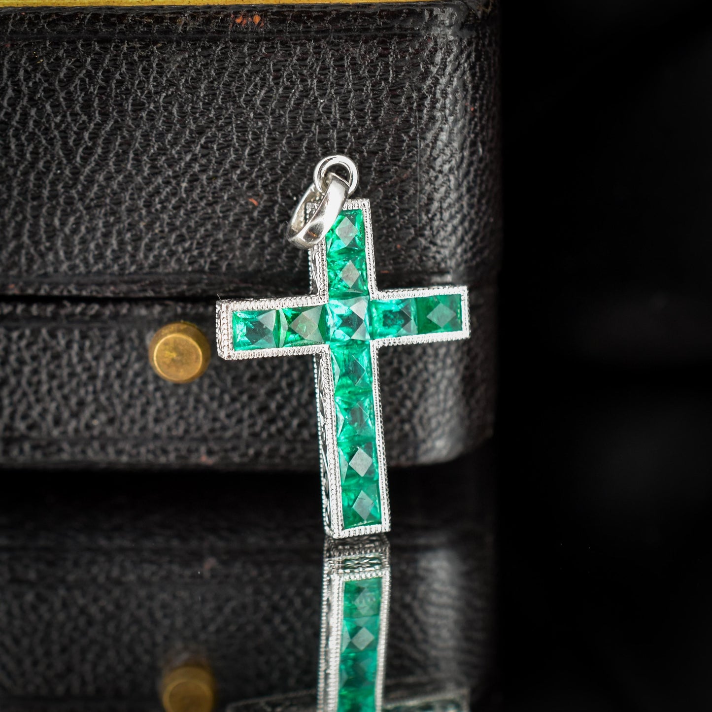 French Cut Emerald Large Cross Platinum Charm Pendant - 0.90ct