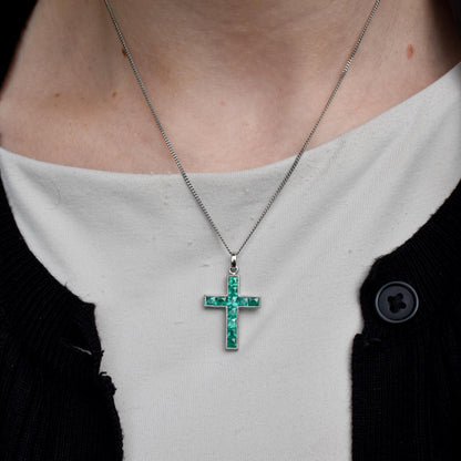 French Cut Emerald Large Cross Platinum Charm Pendant - 0.90ct