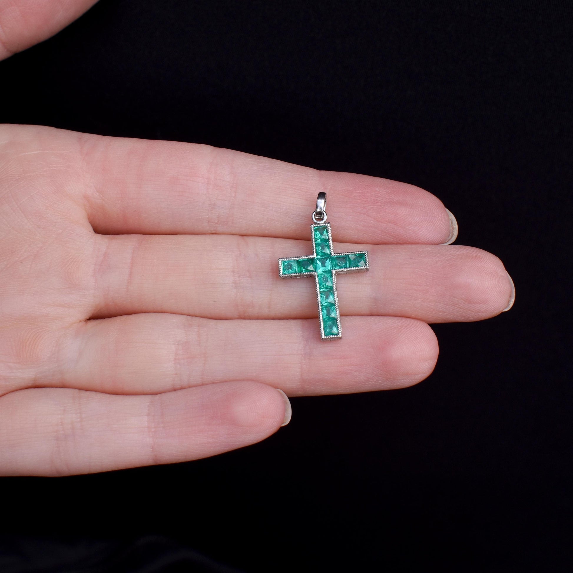 French Cut Emerald Large Cross Platinum Charm Pendant - 0.90ct