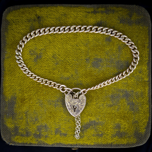 Antique 9ct Gold Graduated Curb Link Heart Padlock Bracelet | 6.5"