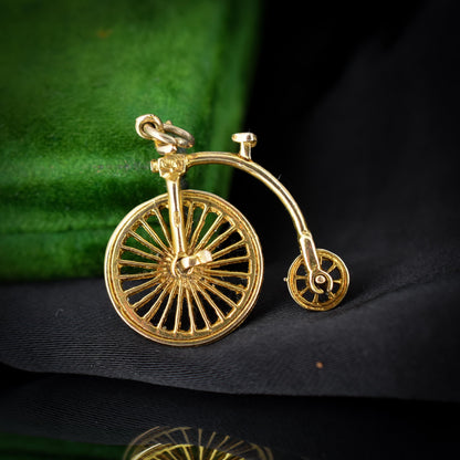 Vintage High Wheel Penny Farthing Bicycle 9ct 9K Yellow Gold Charm Pendant (2.3g) - Dated 1973