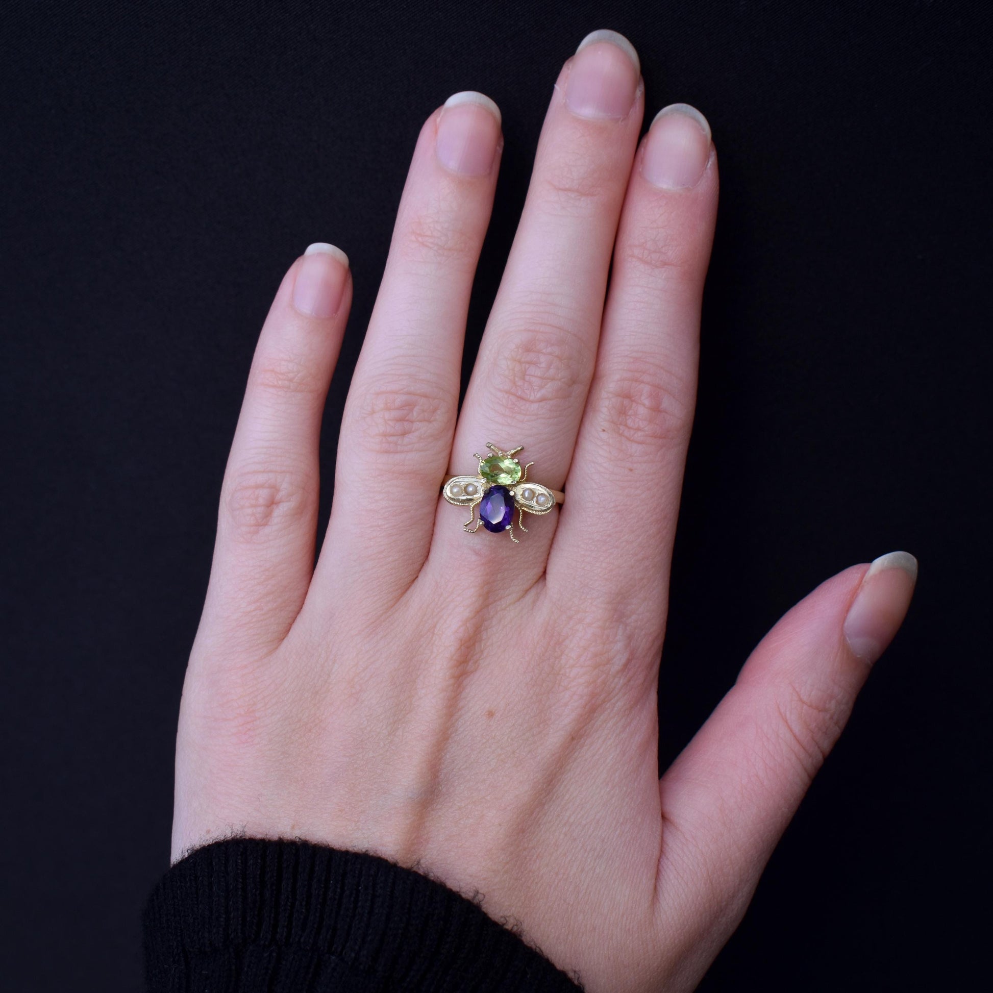 Amethyst Peridot and Pearl Insect Bee 18ct Yellow Gold on Silver Ring | Suffragette Colours