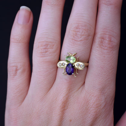 Amethyst Peridot and Pearl Insect Bee 18ct Yellow Gold on Silver Ring | Suffragette Colours