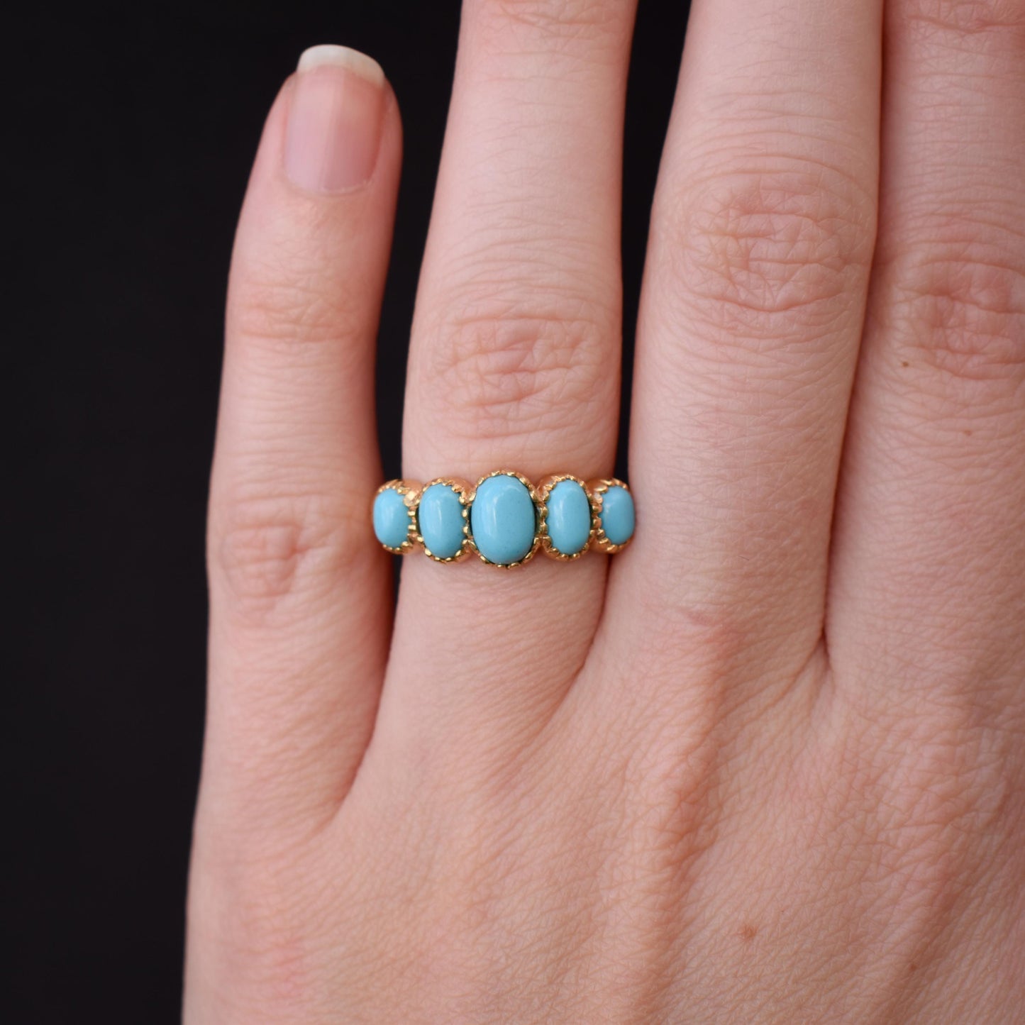 Turquoise Five Stone 18ct Gold on Silver Ring | Antique Georgian Style