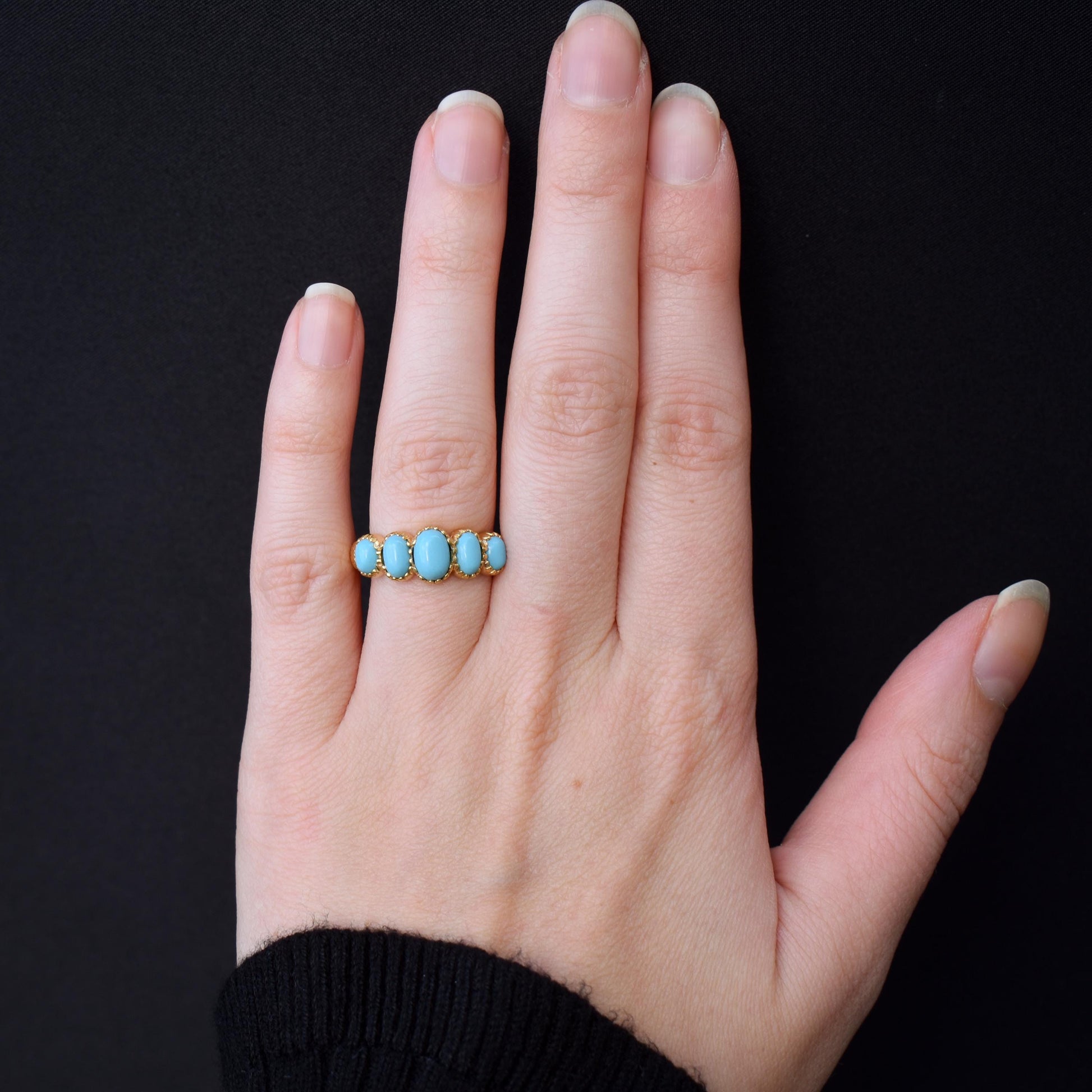 Turquoise Five Stone 18ct Gold on Silver Ring | Antique Georgian Style