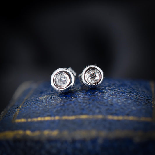 0.15ct Round Diamond Bezel 9ct 9K White Gold Stud Earrings - Studs