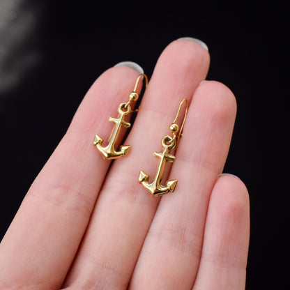 Vintage Anchor Nautical 9ct Gold Drop Earrings