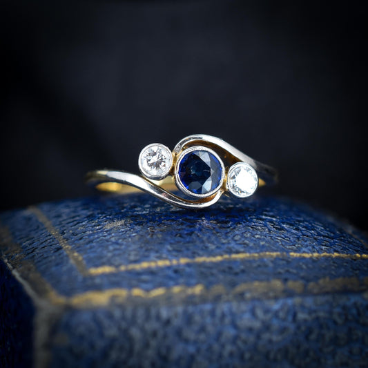 Antique Blue Sapphire and Diamond Three Stone Twist 18ct Gold and Platinum Ring