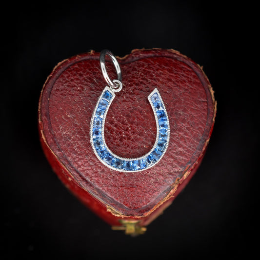 French Cut Blue Sapphire Horseshoe Platinum Charm Pendant - 0.55ct