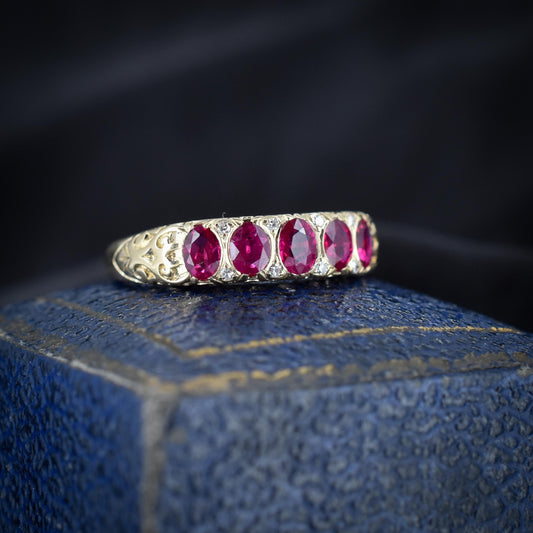 Ruby and Diamond 14ct Yellow Gold Five Stone Scroll Ring