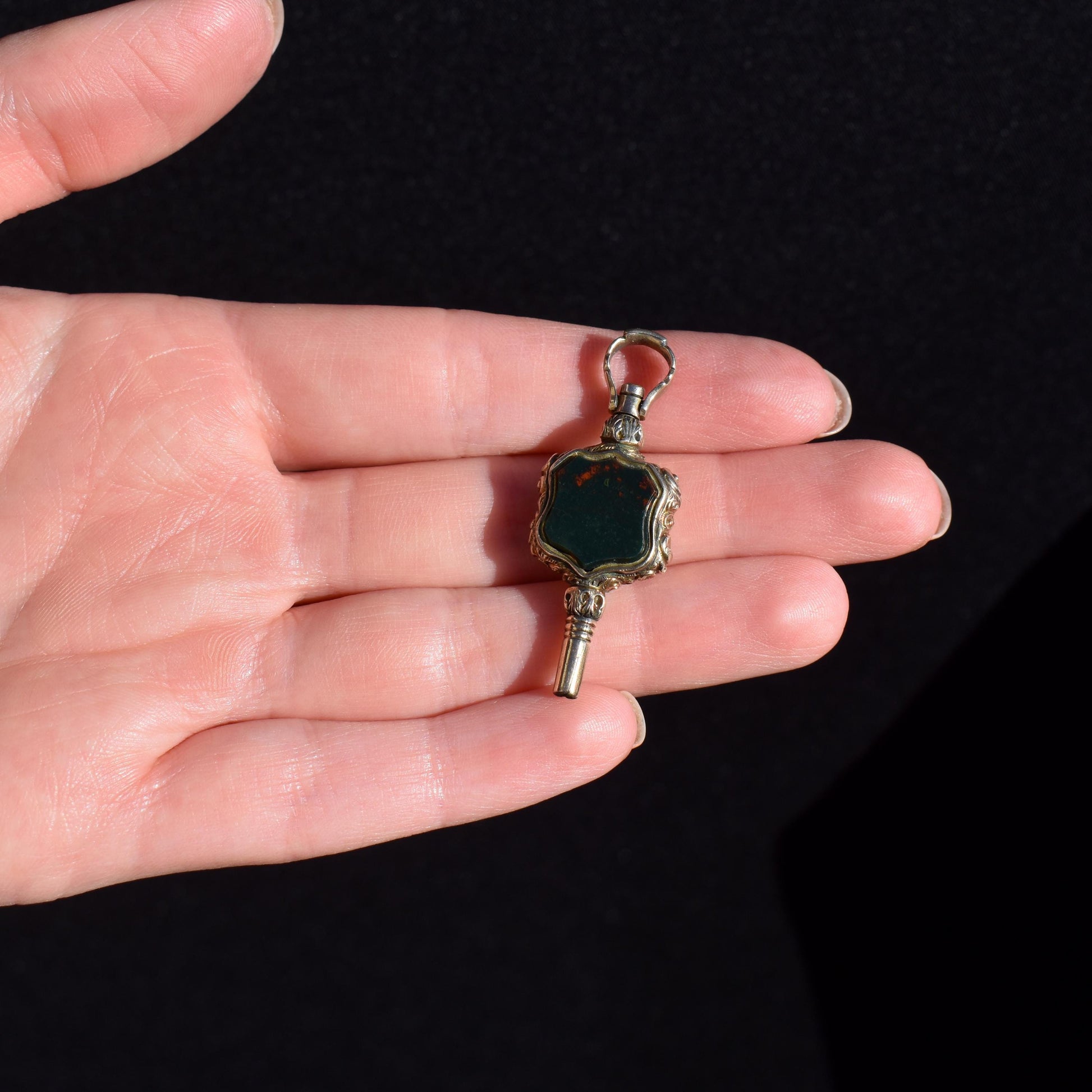 Antique Bloodstone and Chalcedony Gold Watch Key Fob Pendant Charm