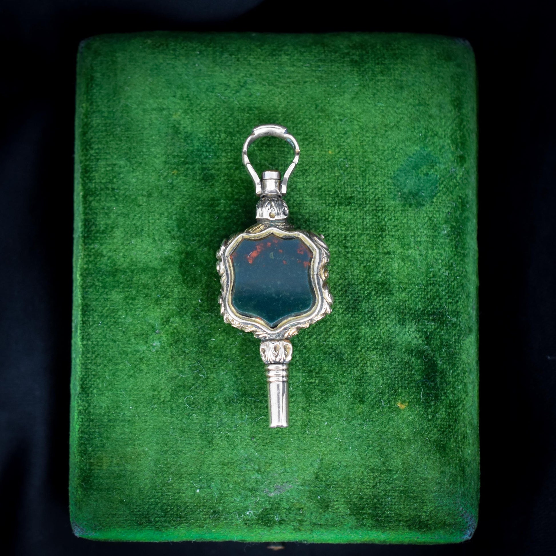 Antique Bloodstone and Chalcedony Gold Watch Key Fob Pendant Charm