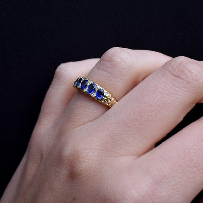 Blue Sapphire and Diamond 14ct Yellow Gold Five Stone Scroll Ring