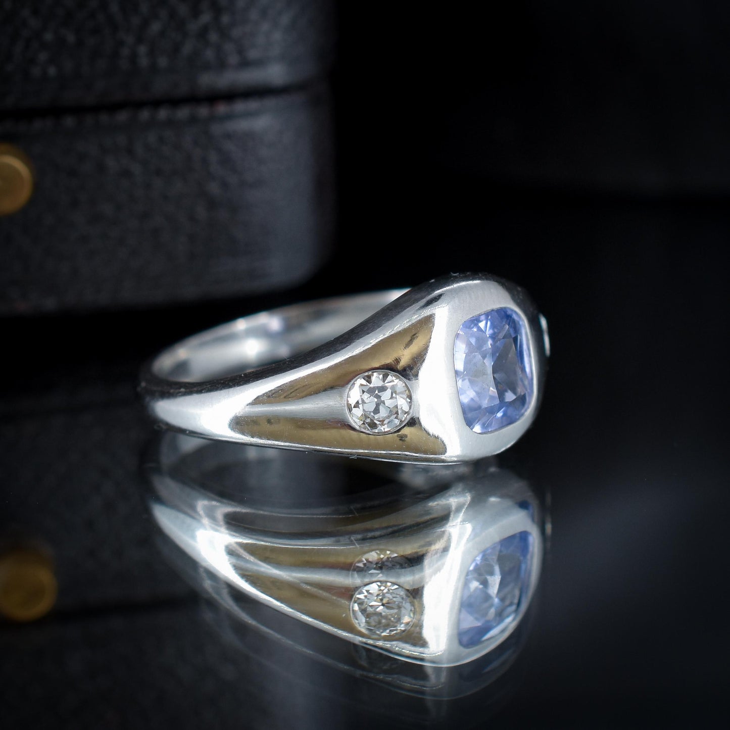 Certified Ceylon Sapphire and Diamond Three Stone Platinum Band Ring