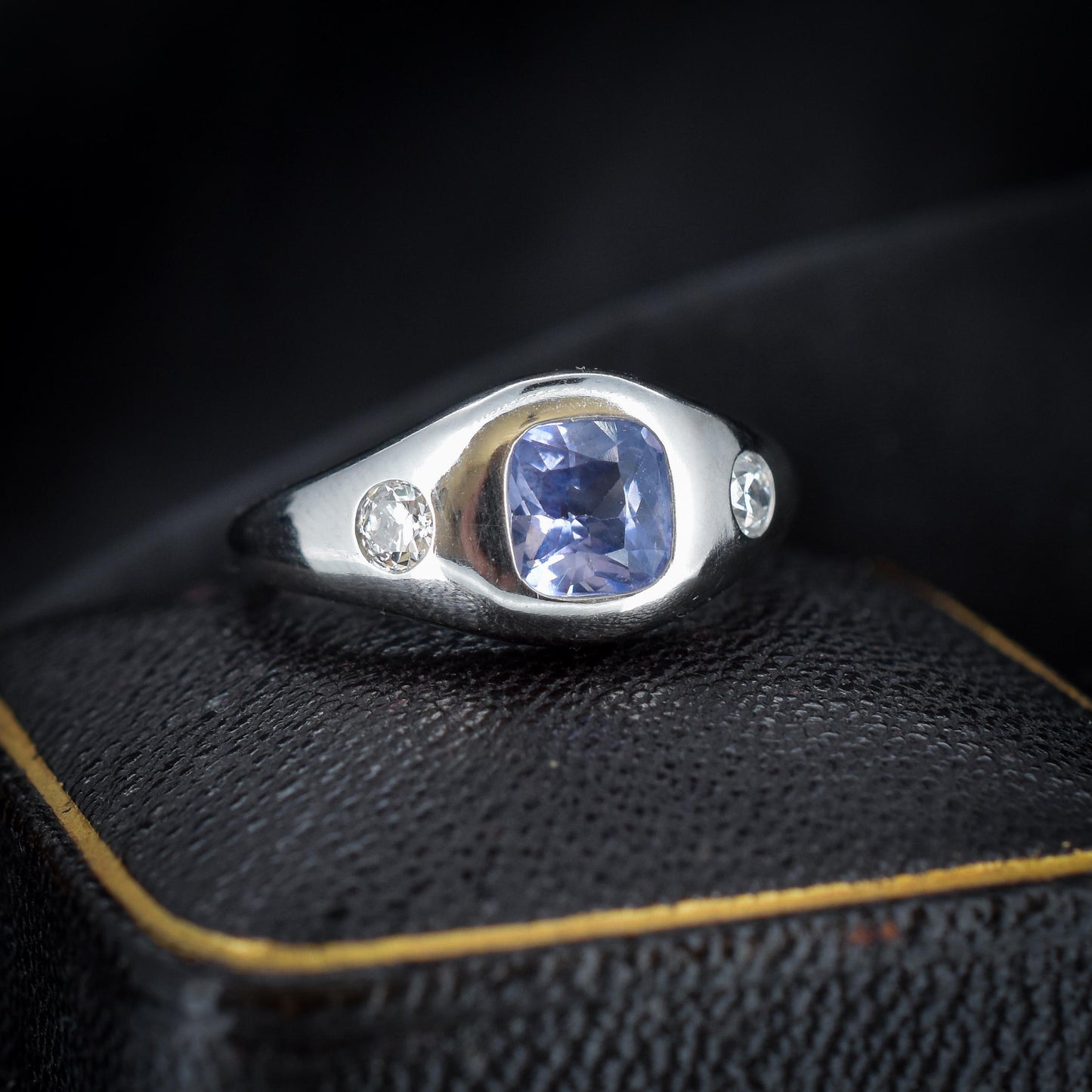 Certified Ceylon Sapphire and Diamond Three Stone Platinum Band Ring