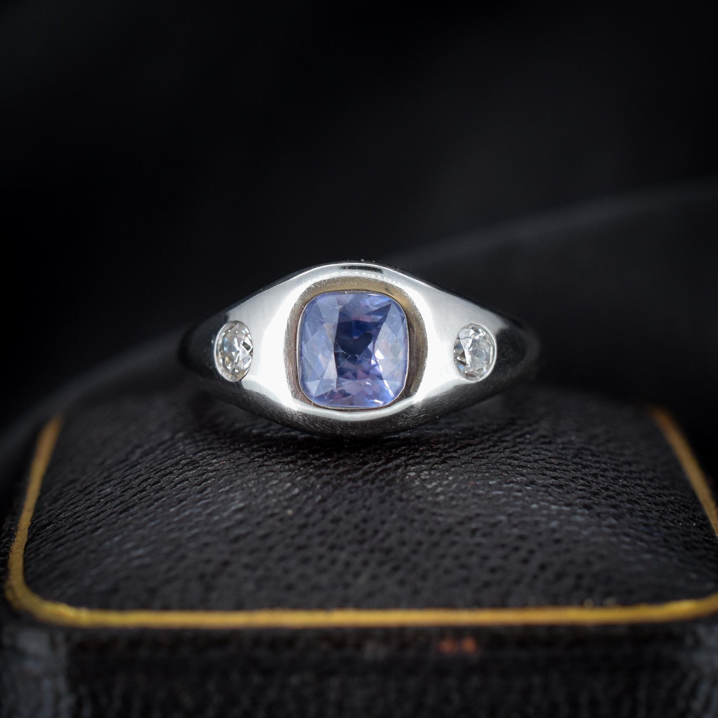 Certified Ceylon Sapphire and Diamond Three Stone Platinum Band Ring