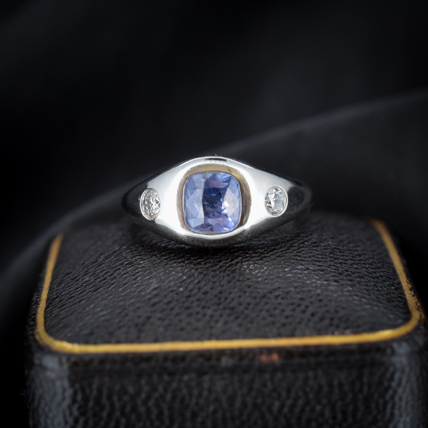 Certified Ceylon Sapphire and Diamond Three Stone Platinum Band Ring