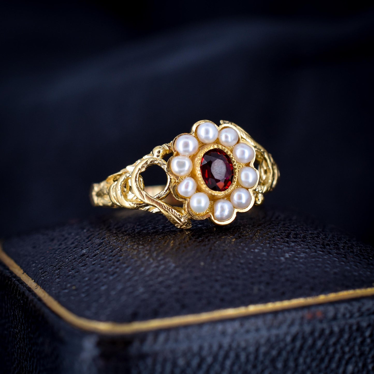 Garnet and Pearl Cluster Halo Snake Serpent Yellow Gold Gilded Ring | Antique Style